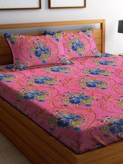 

THE little BIG STORE Pink & Blue Floral 120 TC Queen Bedsheet with 2 Pillow Covers