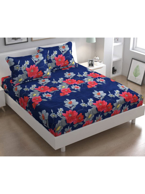 

THE little BIG STORE Blue & Red Floral 120 TC Queen Bedsheet with 2 Pillow Covers