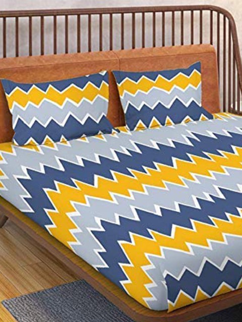 

THE little BIG STORE Yellow & Blue Floral 120 TC Queen Bedsheet with 2 Pillow Covers