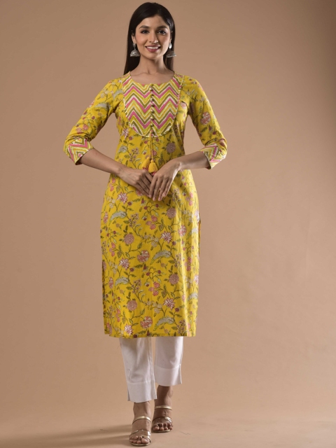 

Swasti Women Yellow Geometric Flared Sleeves Mirror Work Floral Kurta