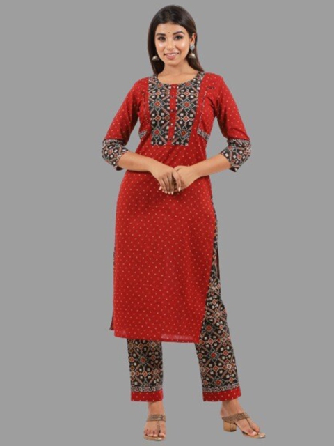 

Swasti Women Maroon Geometric Printed Thread Work Floral Kurta