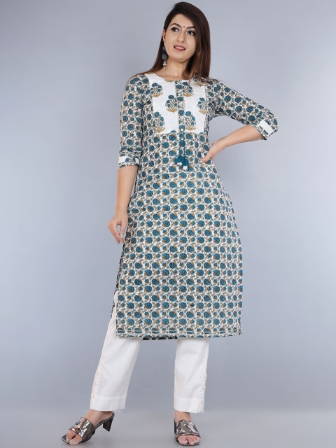 

Swasti Women Teal Blue & White Ethnic Motifs Printed Gotta Patti Kurta