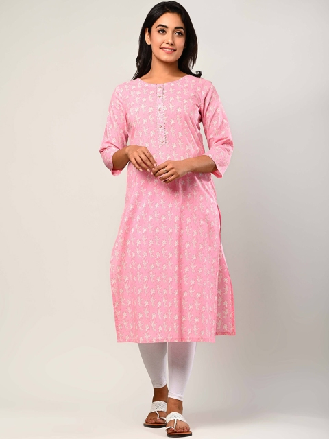 Swasti Women Pink Ethnic Motifs Embroidered Mirror Work Floral Kurta