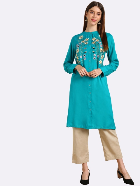 

shashvi Teal & Teal Botanical Embroidered Thread Work Thread Work Kurti