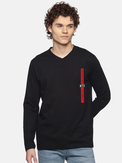 

BLACK RADIO Men Black Typography V-Neck Applique T-shirt