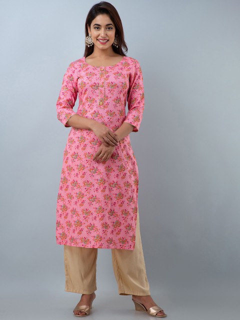 

DORIYA Women Pink Floral Printed Panelled Kurti with Trousers
