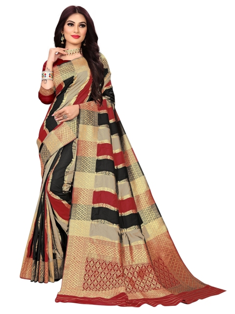 

Rivana Maroon & Black Striped Zari Pure Silk Banarasi Saree