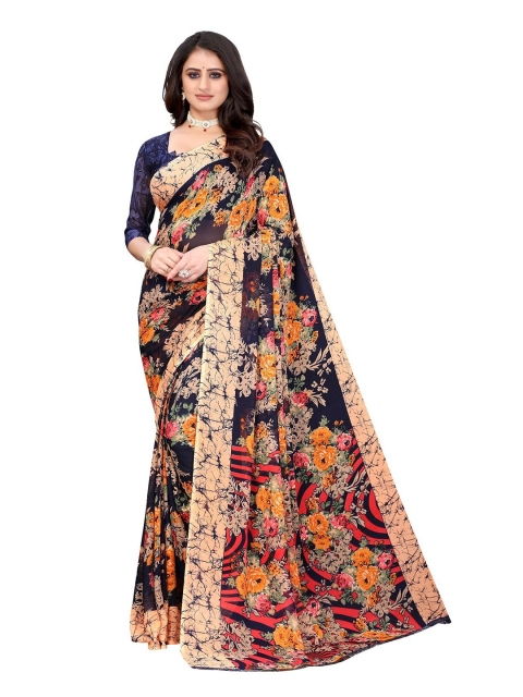 

Iris Orange & Navy Blue Floral Printed Banarasi Saree