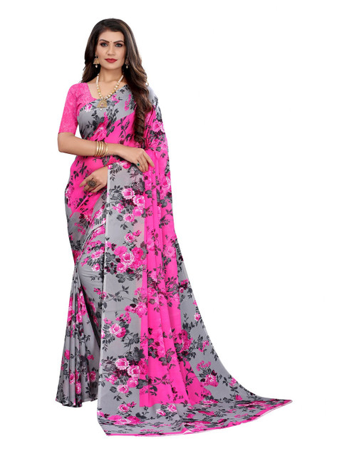 

Iris Pink & Blue Floral Banarasi Saree