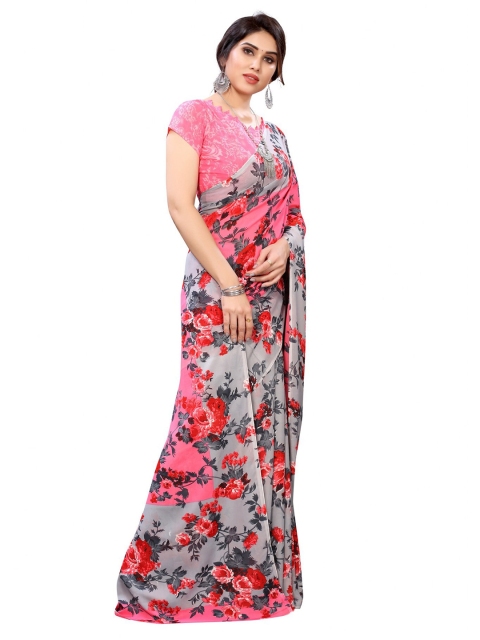

Iris Peach-Coloured & Grey Floral Banarasi Saree
