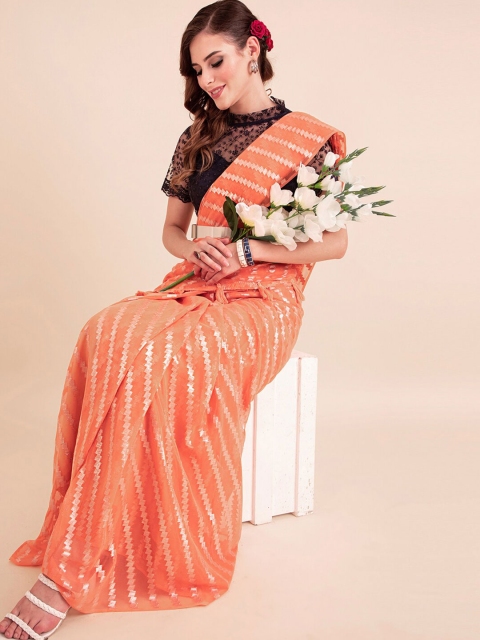 

Sangria Peach-Coloured Poly Chiffon Striped Leheriya Embellished Saree