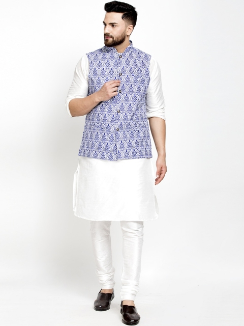 

Benstoke Men White Paisley Layered Kurta with Churidar