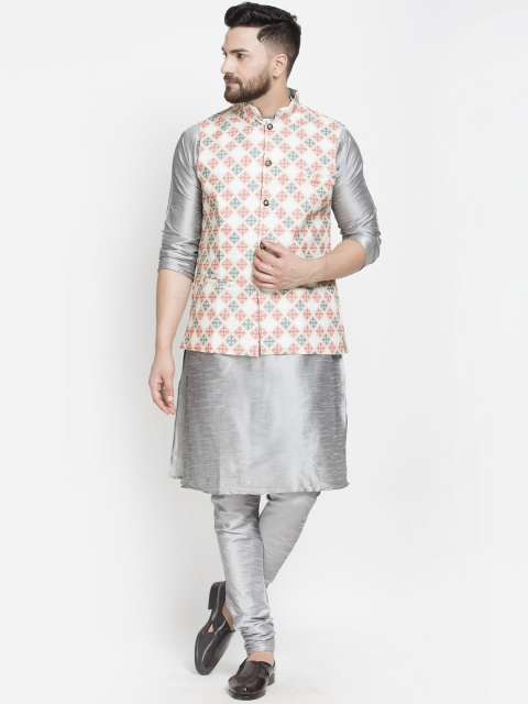 

Benstoke Men Grey Layered Kurta with Churidar