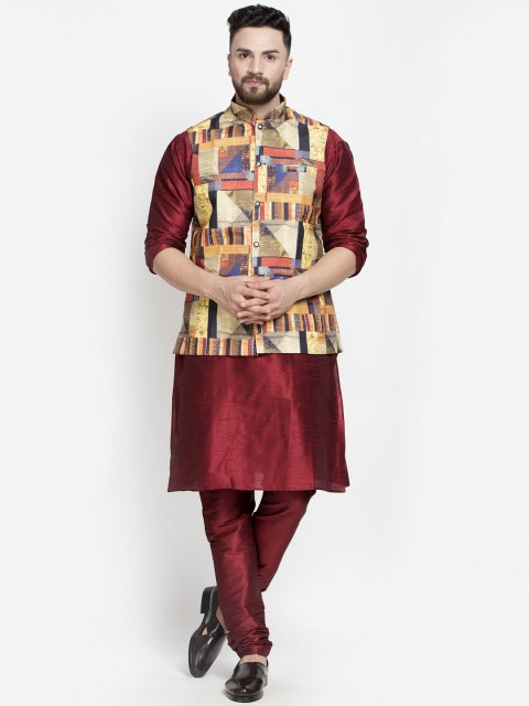 

Benstoke Men Maroon Pleated Kurta with Pyjamas