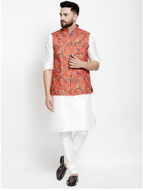 

Benstoke Men White Paisley Pleated Kurta with Churidar & With Dupatta