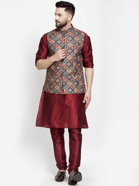 

Benstoke Men Maroon Floral Layered Kurti with Pyjamas