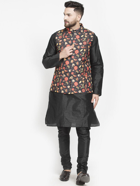 

Benstoke Men Black Floral Layered Top with Pyjamas & With Dupatta