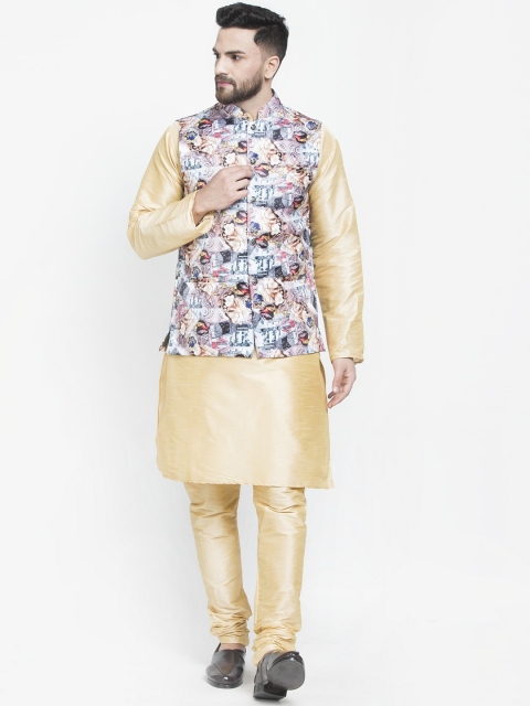 

Benstoke Men Gold-Toned Floral Printed Kurta with Churidar