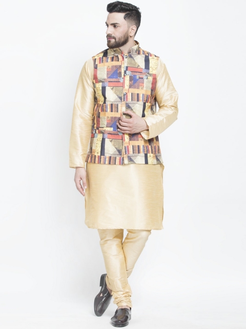 

Benstoke Men Gold-Toned Layered Kurta with Churidar