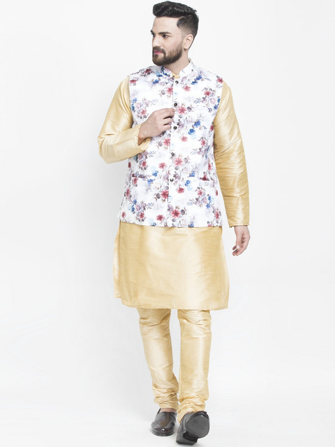 

Benstoke Men Gold-Toned Floral Kurta with Churidar & With Dupatta