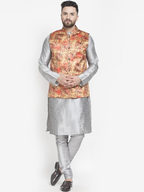 

Benstoke Men Grey Layered Kurta with Churidar & With Dupatta