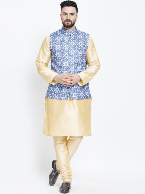 

Benstoke Men Gold-Toned Floral Pleated Kurta with Churidar