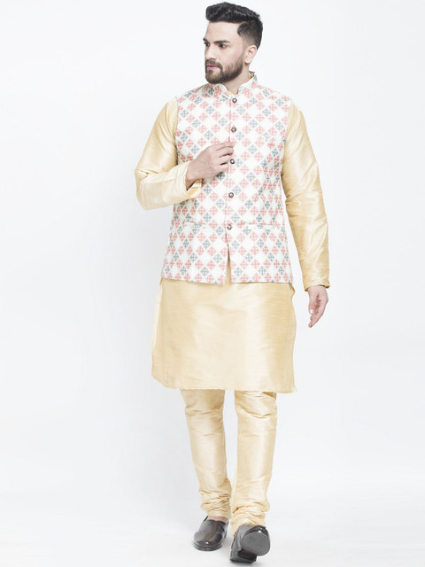 

Benstoke Men Gold-Toned Floral Layered Kurta with Churidar