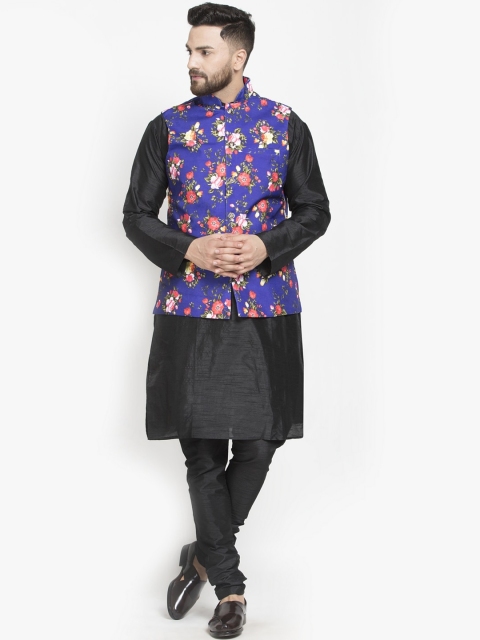 

Benstoke Men Black Floral Embroidered Angrakha Kurta with Churidar