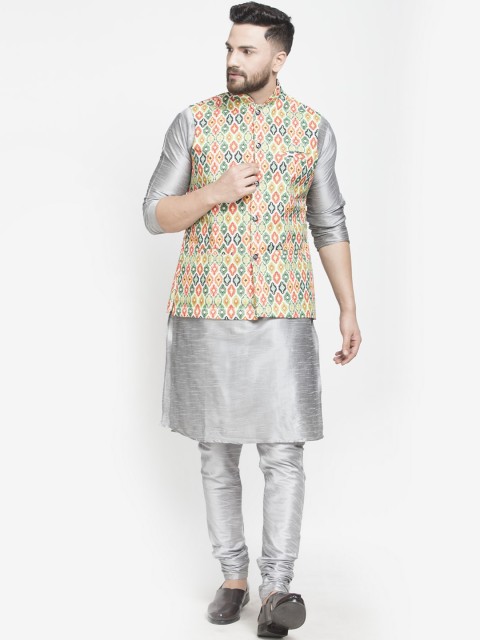 

Benstoke Men Grey Floral High Slit Kurti with Pyjamas