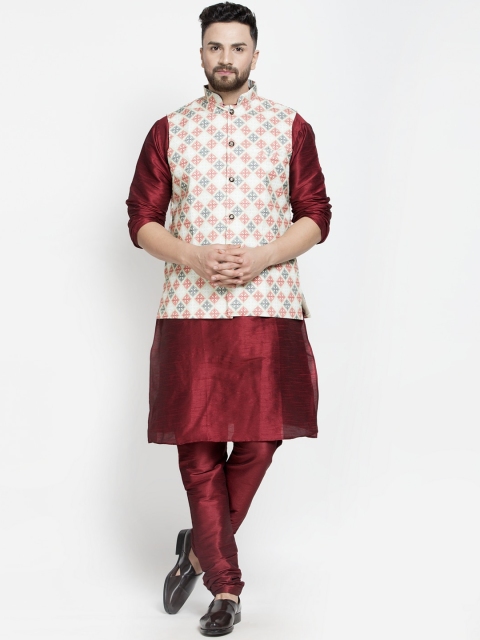 

Benstoke Men Maroon Floral Layered Kurta with Pyjamas