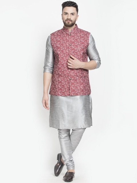 

Benstoke Men Grey Layered Kurta with Churidar