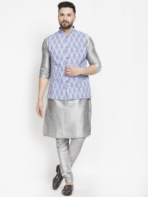 

Benstoke Men Grey Floral Layered Kurta with Pyjamas