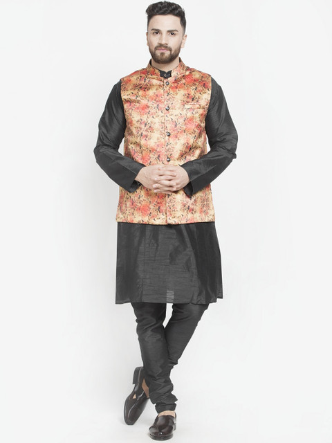 

Benstoke Men Black Paisley Layered Kurta with Churidar