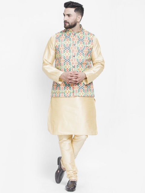 

Benstoke Men Gold-Toned Embroidered Angrakha Kurta with Churidar