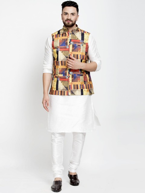 

Benstoke Men White Floral Angrakha Kurta with Churidar