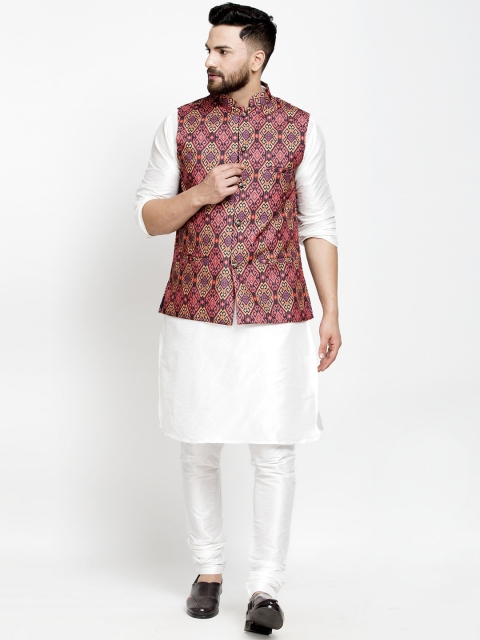 

Benstoke Men White Layered Kurta with Churidar