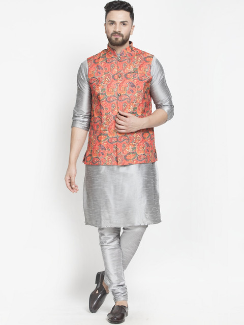 

Benstoke Men Grey Floral Layered Kurta with Churidar