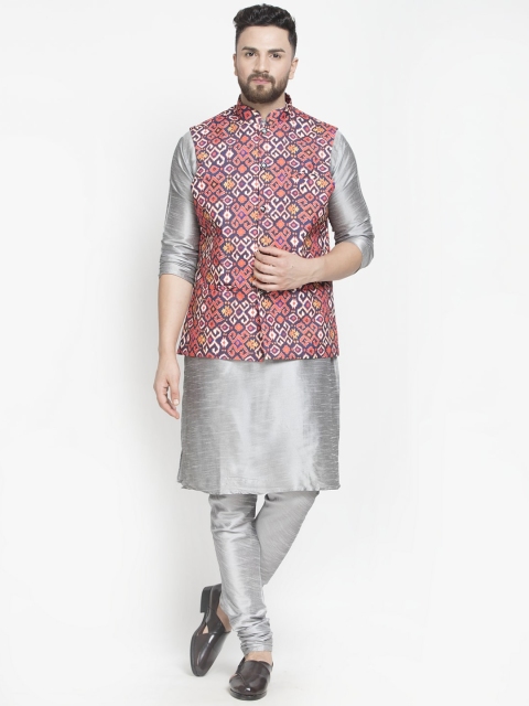 

Benstoke Men Grey Printed Kurta with Churidar
