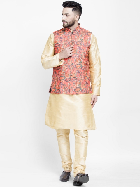 

Benstoke Men Gold-Toned Paisley Layered Kurta with Churidar