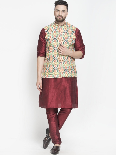 

Benstoke Men Maroon Dyed Angrakha Kurta with Pyjamas