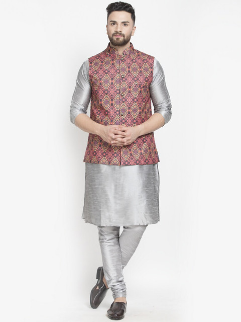 

Benstoke Men Grey Layered Kurta with Churidar