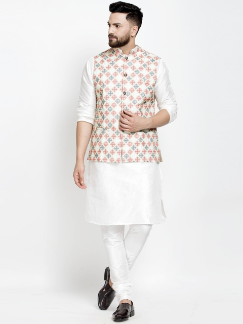 

Benstoke Men White Floral Layered Kurta with Pyjamas