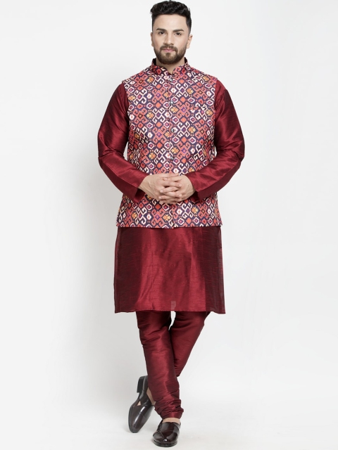 

Benstoke Men Maroon Embroidered Angrakha Kurti with Churidar