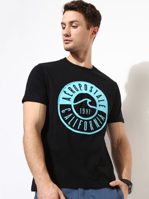 

Aeropostale Men Black Self-Design Round Neck T-shirt