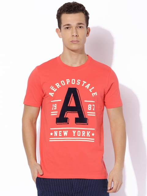 

Aeropostale Coral Red Printed Round Neck Pure Cotton T-shirt