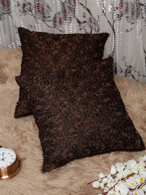 

HOSTA HOMES Coffee Brown Set of 2 Floral Square Cushion Covers