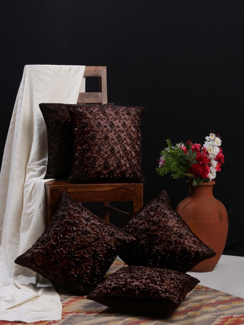

HOSTA HOMES Coffee Brown Set of 5 Floral Square Cushion Covers