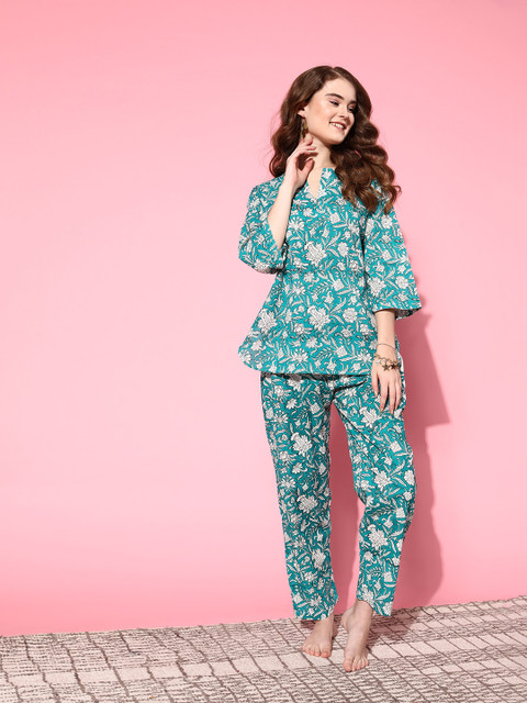 

Masha Women Teal Pure Cotton Floral Indie Fusion Pyjama Set