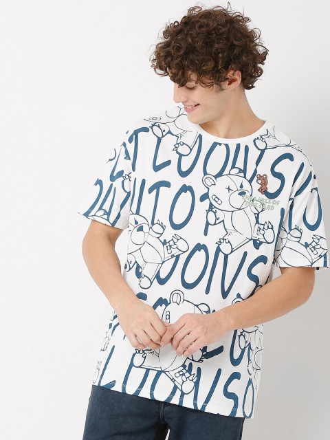 

Rex Straut Jeans Men White & Blue Typography Printed Boxy T-shirt