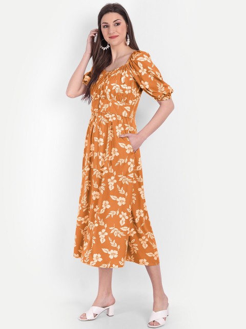 

MINGLAY Orange Floral A-Line Dress
